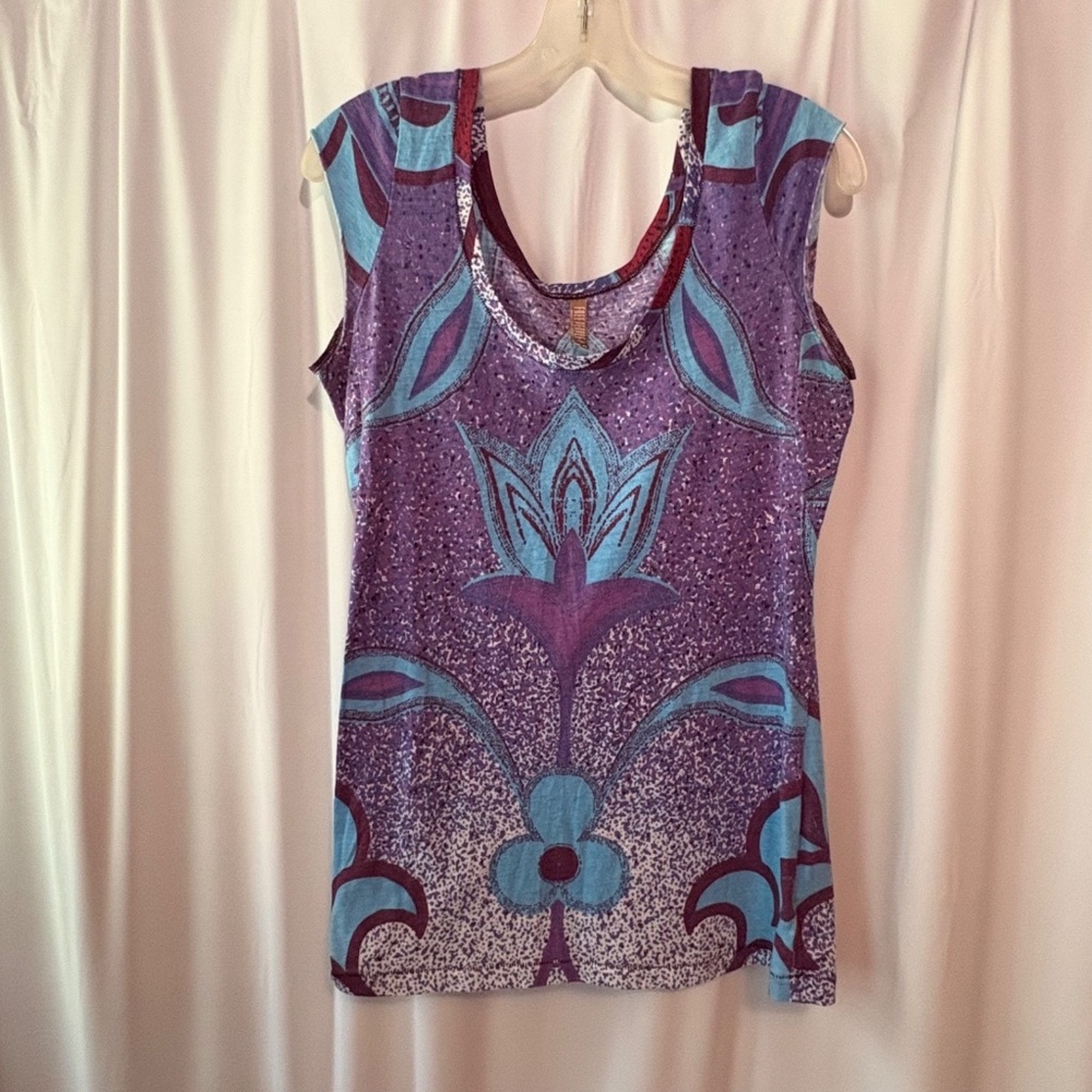 Free People Women's Large Blue & Purple Tank Top - Cotton, Polyester & Rayon